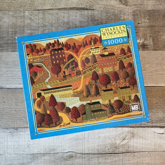 Vintage NEW Sealed Charles Wysocki Silkie Train 1000 Piece Jigsaw Puzzle 2003 Village Scene with Train