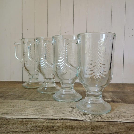 Vintage Indiana Glass HOLIDAY Footed Clear Glass Irish Coffee Mug Set of 4 with Christmas Tree Design