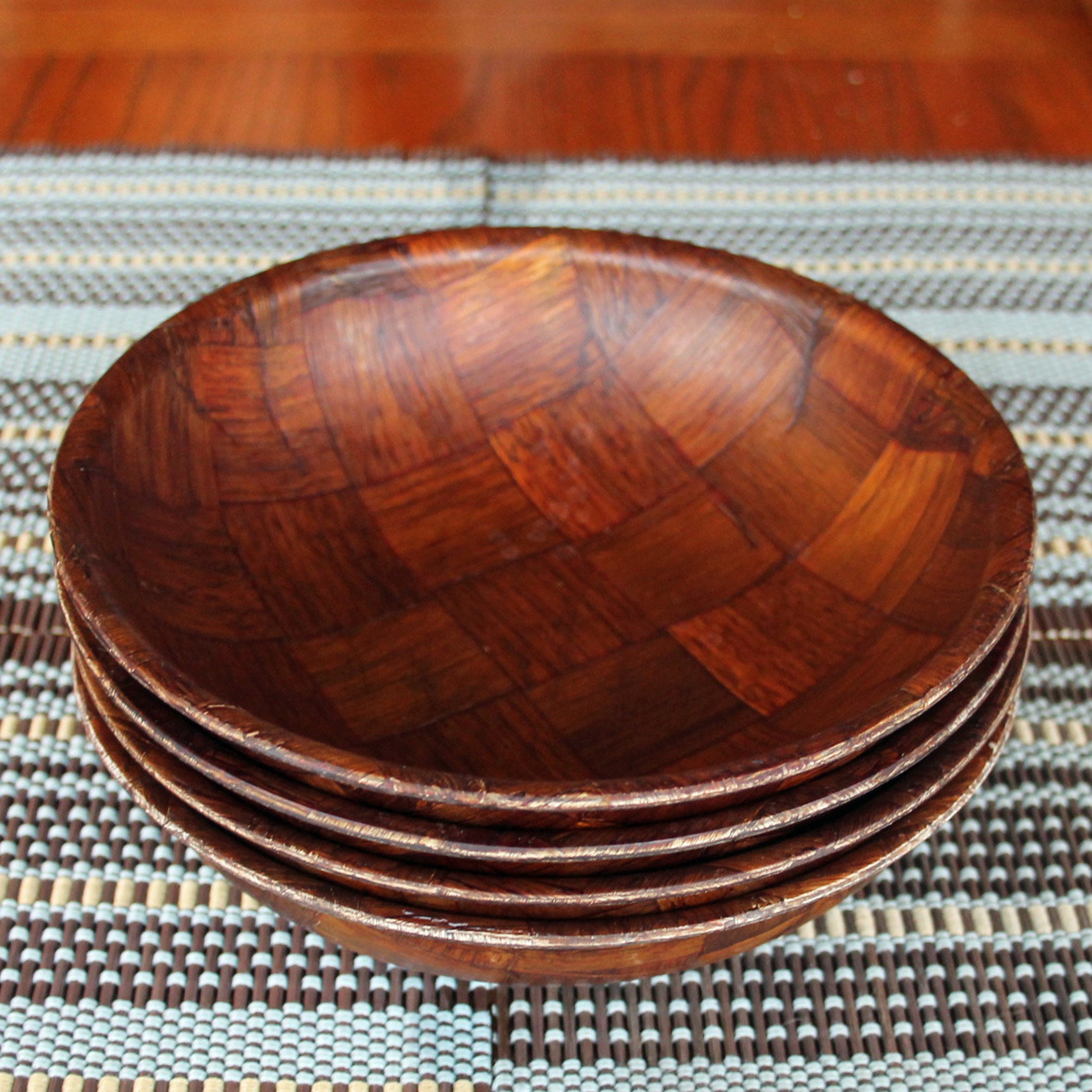 Vintage Plastic Faux Wood WEAVEWOOD Bowl Set of 4 Serving Salad Bowls Brown Woven Textured