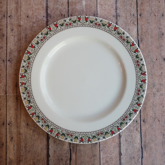 Vintage Royal Doulton FIREGLOW 9" Luncheon Plate White Ceramic with Red Yellow and Green Flower Floral Design on Rim Made in England