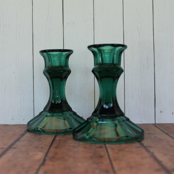 Vintage Indiana Glass 4" Teal Green Candlestick Holders Pair Set of 2 Candle Holders Candlesticks