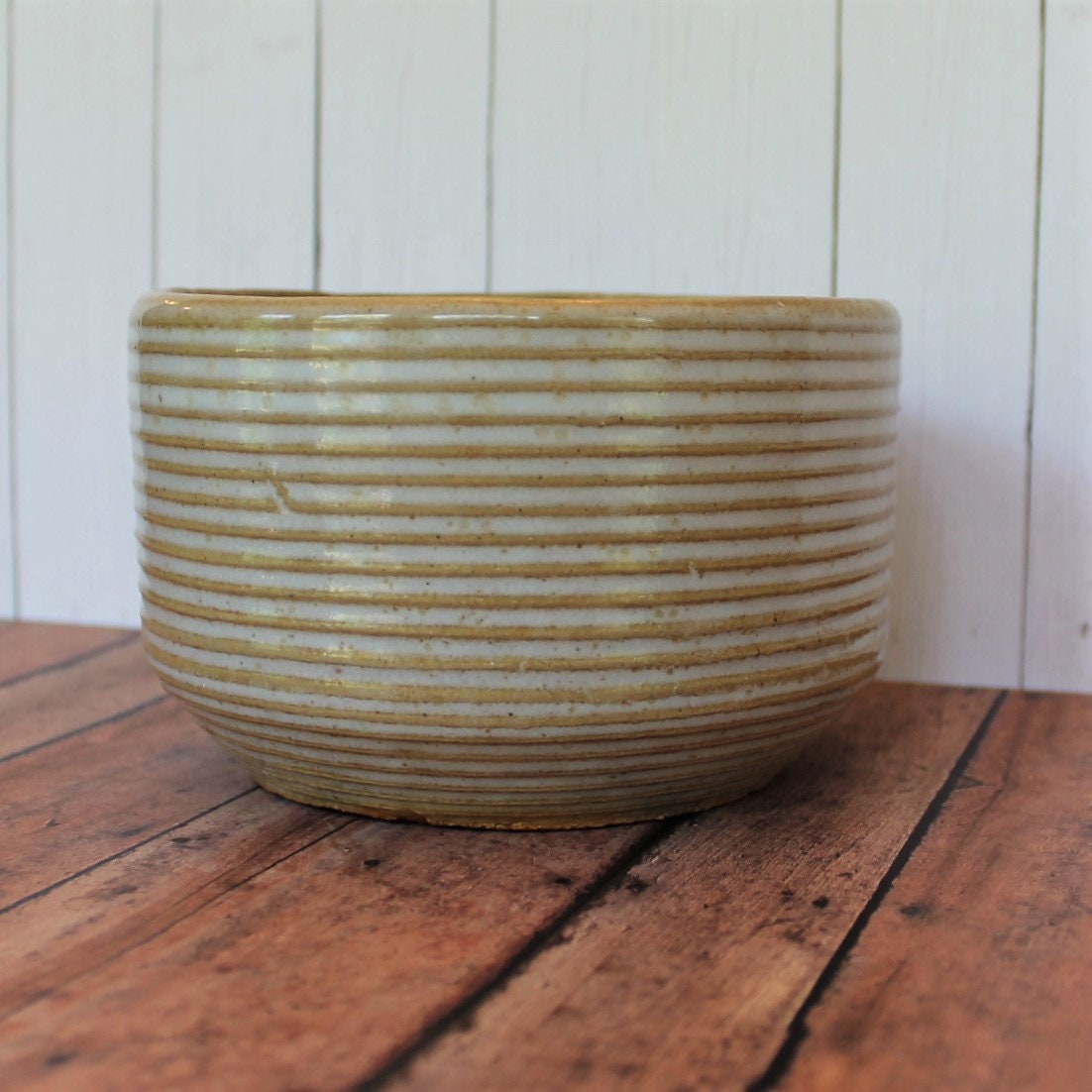 Vintage Zanesville Stoneware Planter Stoneage Modern Cream Tan Yellow Ribbed Flowerpot 7005