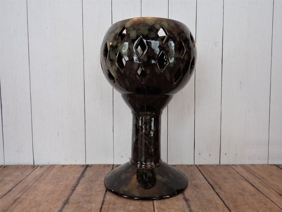 Vintage Ceramic Pedestal Votive Candle Holder Luminary Black Brown and Green Speckled with Diamond Cut Out Design Mid Century Style