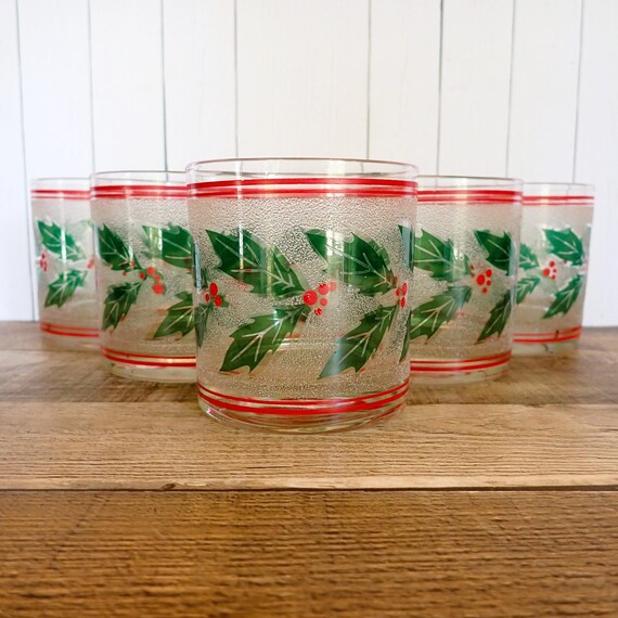 Vintage Frosted Tumbler Old Fashioned Glasses Set of 6 Christmas Holly and Berry Design Holiday Drinkware