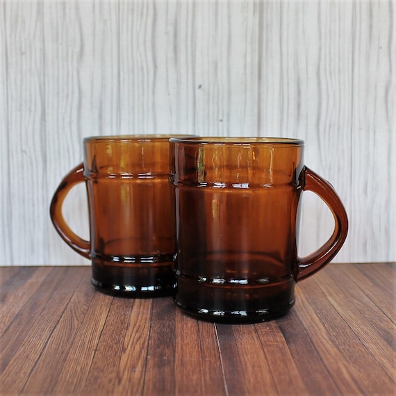 Vintage Anchor Hocking Fire King Brown Amber Glass Mugs Set of 2 Coffee Cups