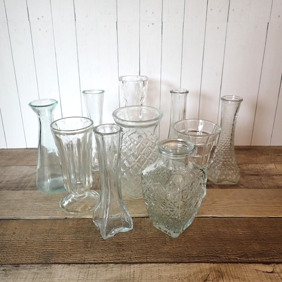 Vintage Clear Glass Bud Vase Set of 10 Vases All Different Patterns Wedding Vases