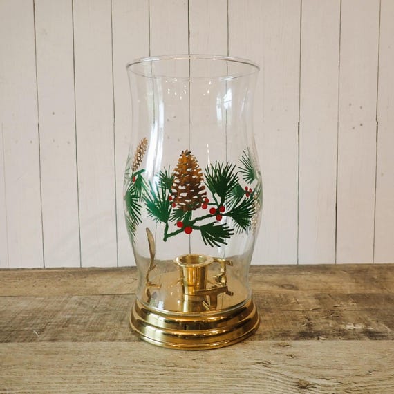 Vintage Crate and Barrel Gold Pine Cone and Evergreen Christmas Hurricane Lamp and Brass Taper Candle Holder Base