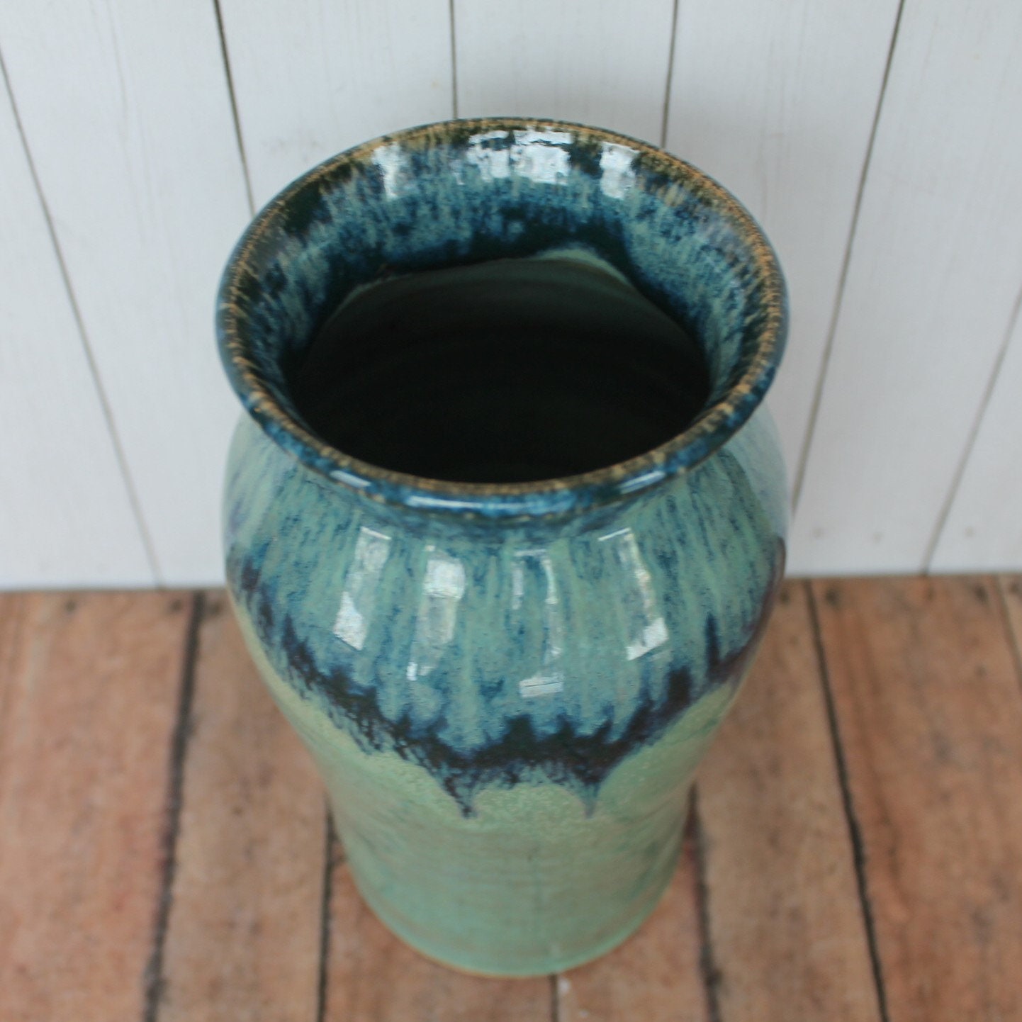 Vintage Lakeside Pottery Stoneware Pottery Vase Blue and White Drip