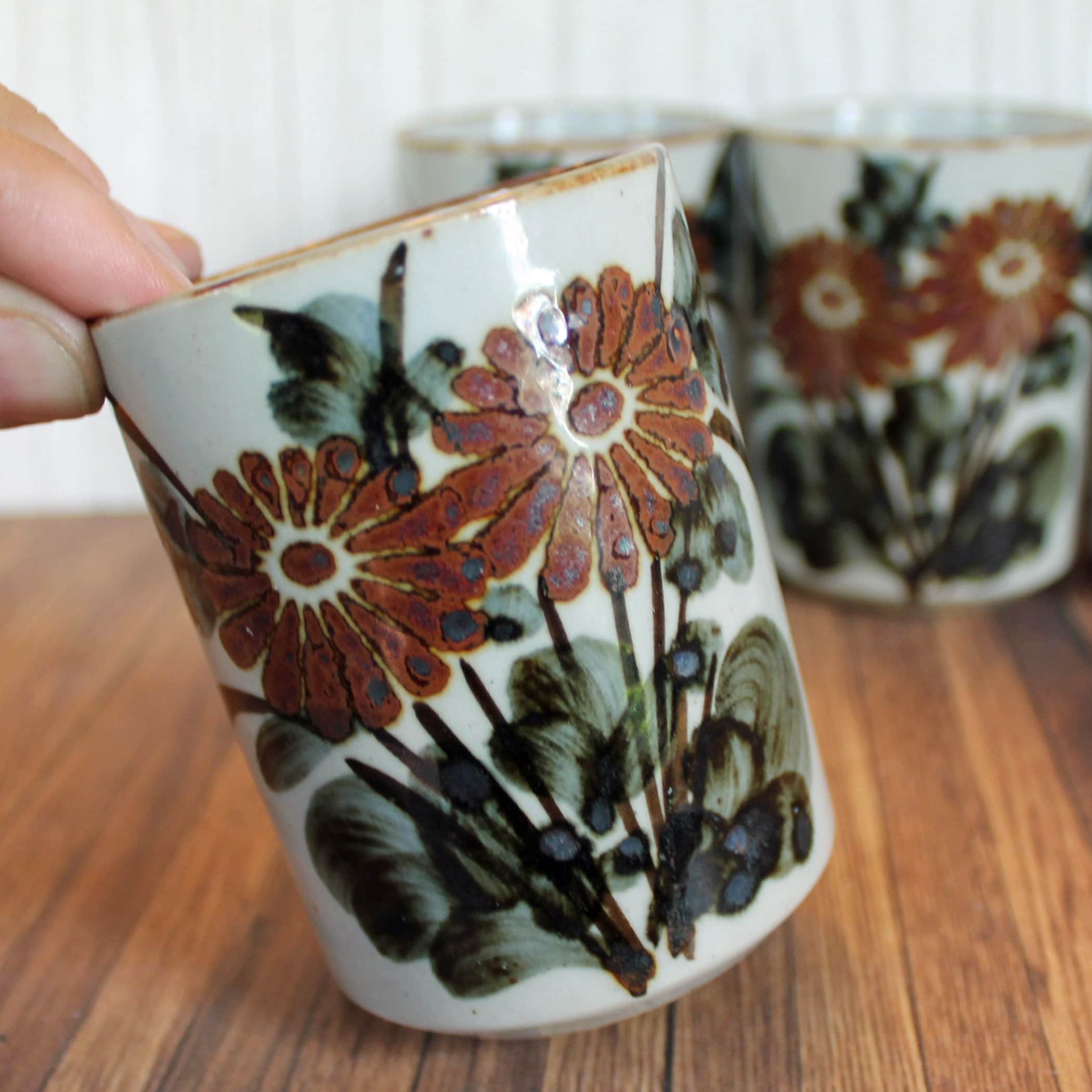 Vintage OTAGIRI Juice Sake Cup Set of 4 Gray Stoneware with Brown and Gray Flower Design