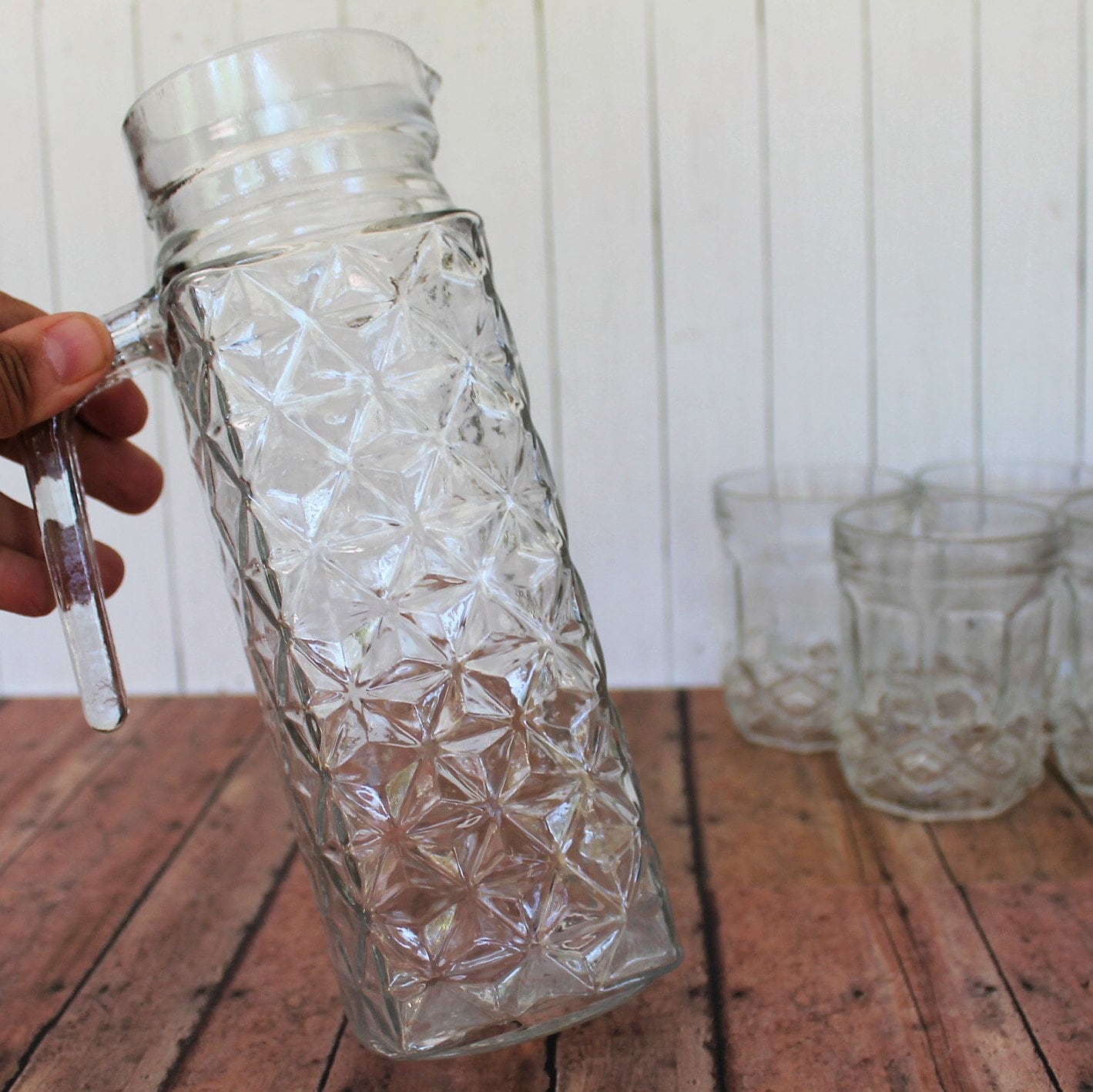 Vintage Jelly Jar Juice Glasses and Pitcher Set Diamond Star Design