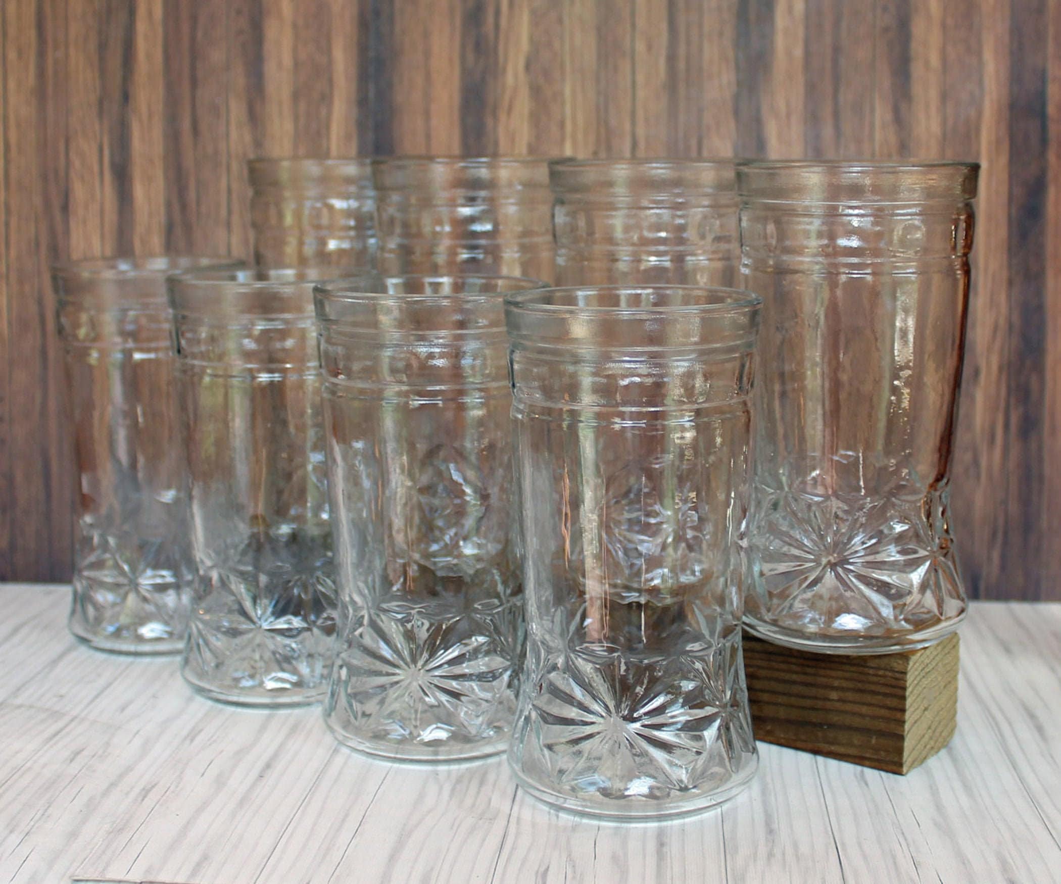 Vintage Clear Jelly Jar Tumblers Set of 8 Diamond Star Starburst Design