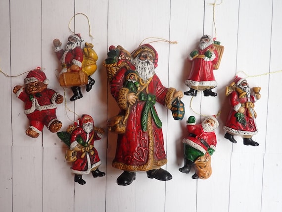 Vintage Plastic Santa Claus Christmas Ornament Set of 7 Ornaments