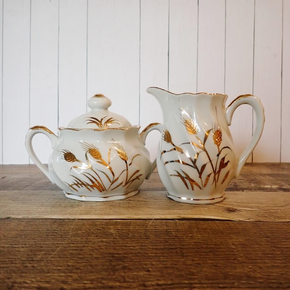 Vintage Lefton Gold Wheat Sugar Bowl and Creamer Set of 2