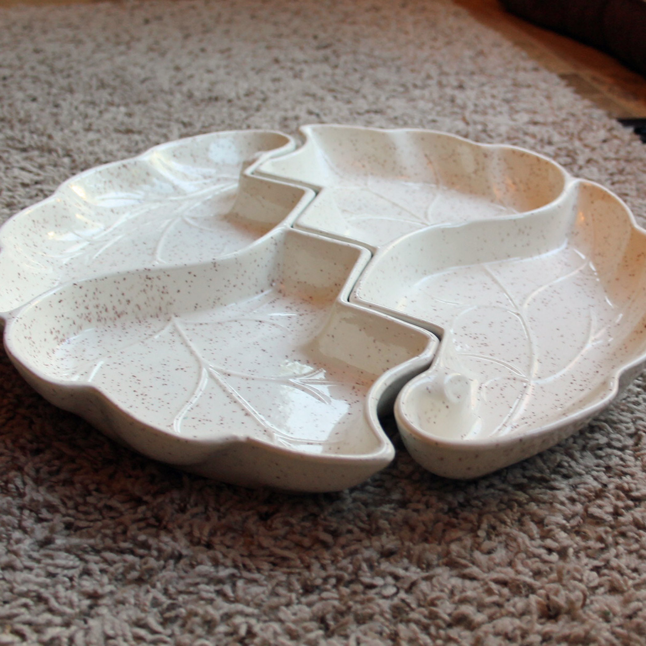 Vintage White Ceramic Leaf Shaped Divided Serving Dish Relish Tray