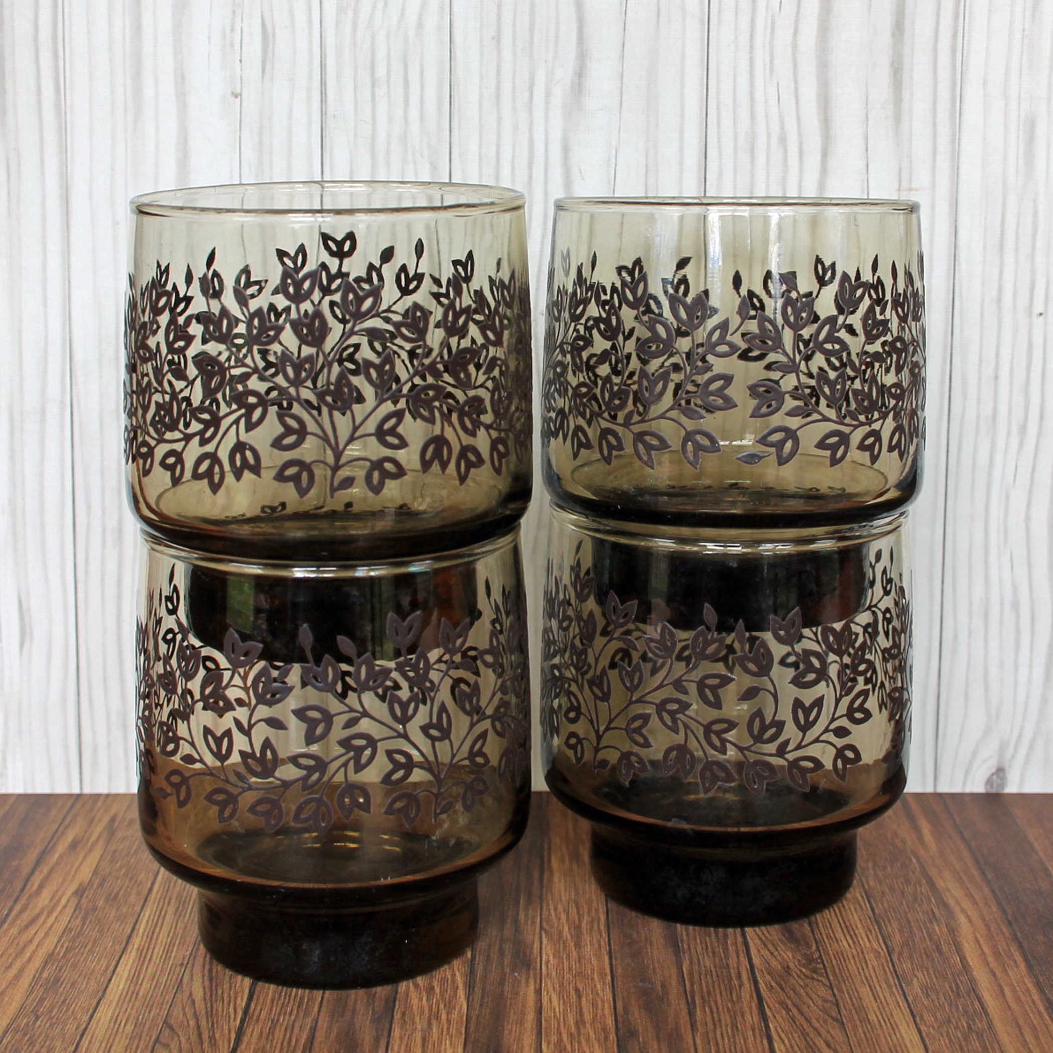 Vintage Libbey CHARLESTON Old Fashioned Set of 4 Smoky Brown Tawney Accent Glasses Brown Smoke