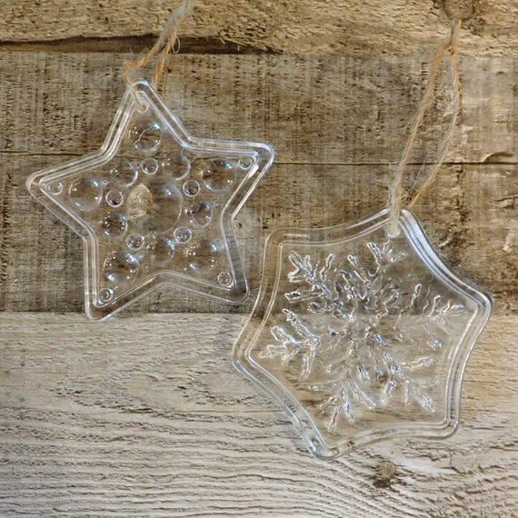 Vintage Clear Glass Star Snowflake Christmas Ornament Set of 2 Ornaments