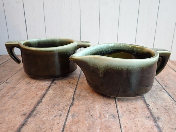 Vintage Pfaltzgraff COPPER GREEN Drip Stoneware Open Sugar Bowl and Creamer Set of 2