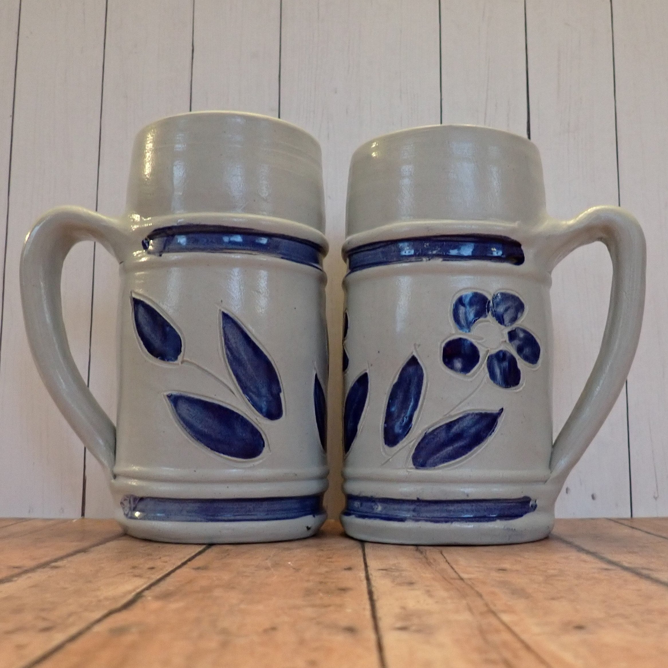 Vintage WILLIAMSBURG POTTERY Stoneware Stein Mugs Set of 2 Salt Glazed