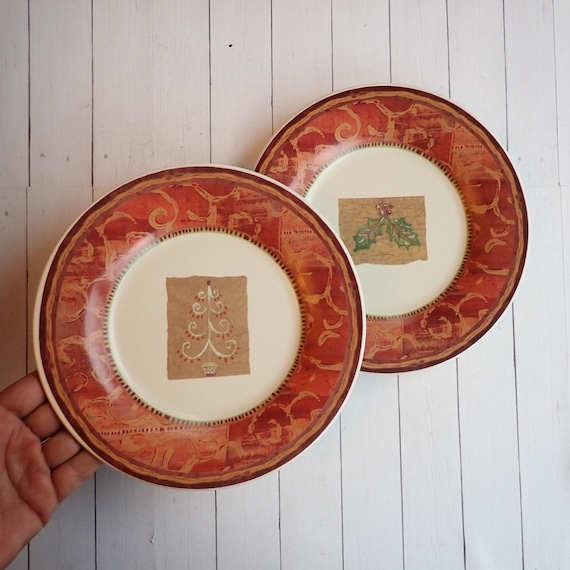 Vintage Pfaltzgraff HOLIDAY SPICE Salad Plate Set of 2 Plates Tree and Holly Designs Christmas Plate