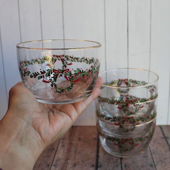 Vintage Libbey Christmas Bowl Set of 4 Clear Glass with Green Holly and Wreath Design Red Berries Cereal All Purpose Bowl