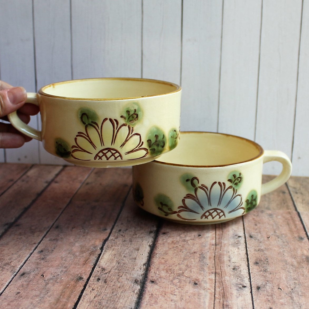 Vintage Stoneware Soup Bowl Mug Set of 2 Cream with Yellow and Blue ...