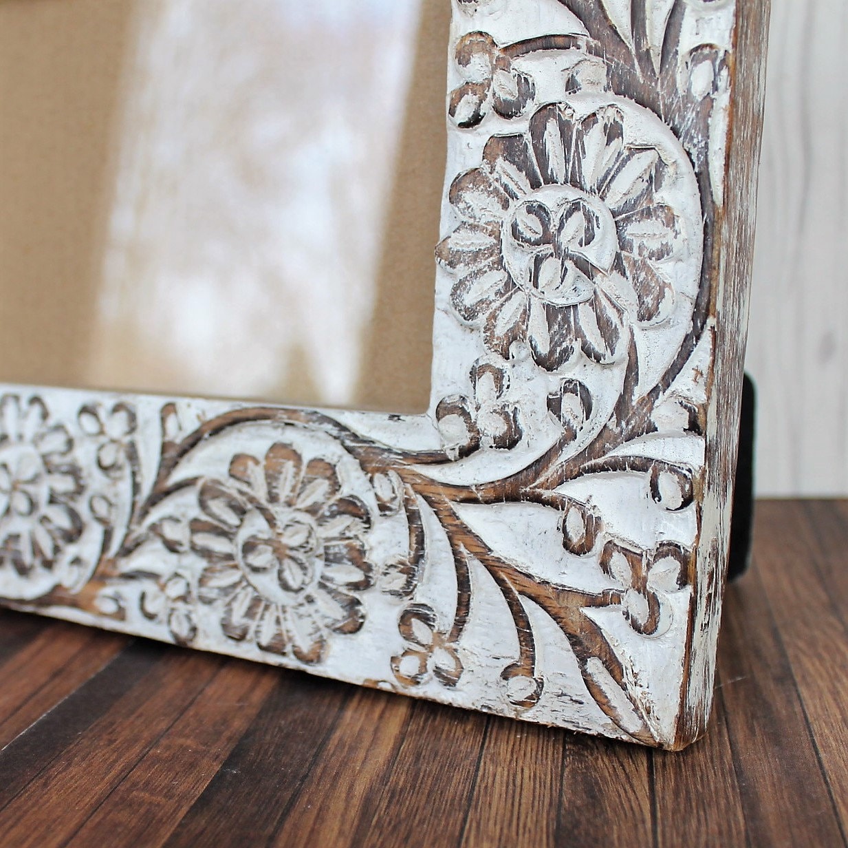 Vintage Chunky Carved Wood Photo Frame 4x6 White and Brown with Floral