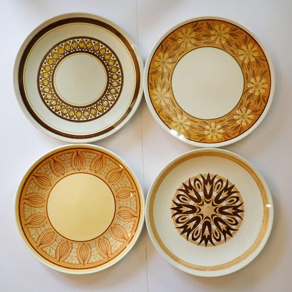 Vintage Mismatched Stoneware Dinner Plate Set of 4 Mix and Match Plates White with Orange Yellow and Brown Flower Designs 1970s