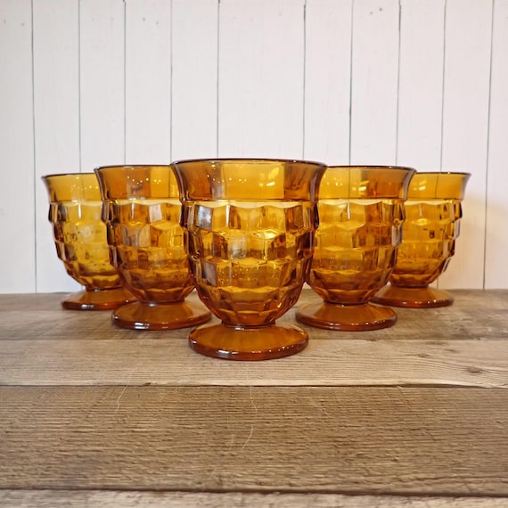 Vintage Indiana Glass Colony WHITEHALL Amber 4.5" Footed Tumbler Glass Set of 6  Tumbler 8 oz.