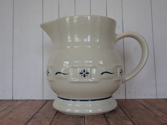 Vintage Longaberger Pottery WOVEN TRADITIONS Classic Blue Ceramic 64 oz. Pitcher White with Blue Flower Design