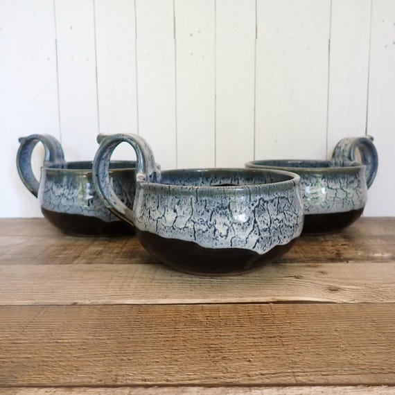 Vintage Robert Alewine Pottery Soup Bowl Set of 3 Bowls Blue and White Drip Stoneware