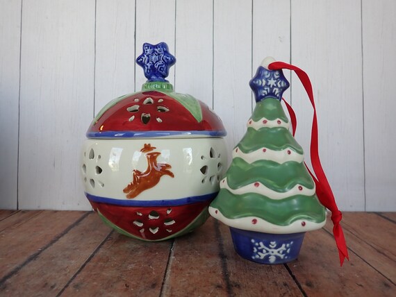 Vintage Pfaltzgraff NORDIC CHRISTMAS Ceramic Candle Holder Luminary and Christmas Tree Shaped Ornament