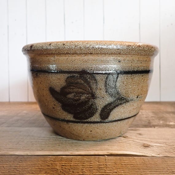 Vintage ROWE POTTERY WORKS Stoneware Mixing Bowl Gray with Blue Flower and Green Leaves Salt Glazed Mixing Bowl Cambridge Wi 1984