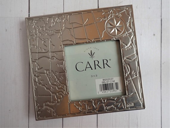 Vintage Carr 3x3 Silver Metal Frame with Etched Old World Map Compass Travel Theme