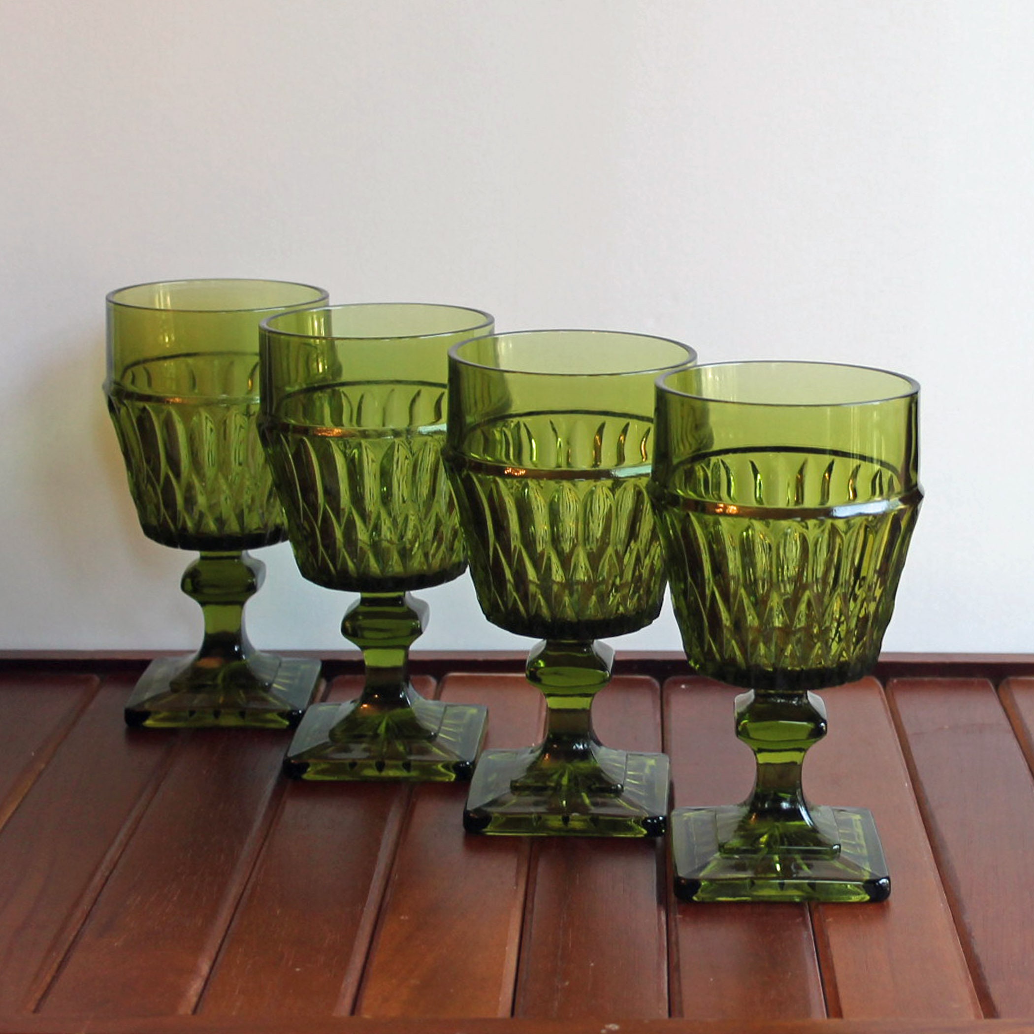 Vintage Indiana Glass MOUNT VERNON Avocado Green 6 Water Goblet Set of