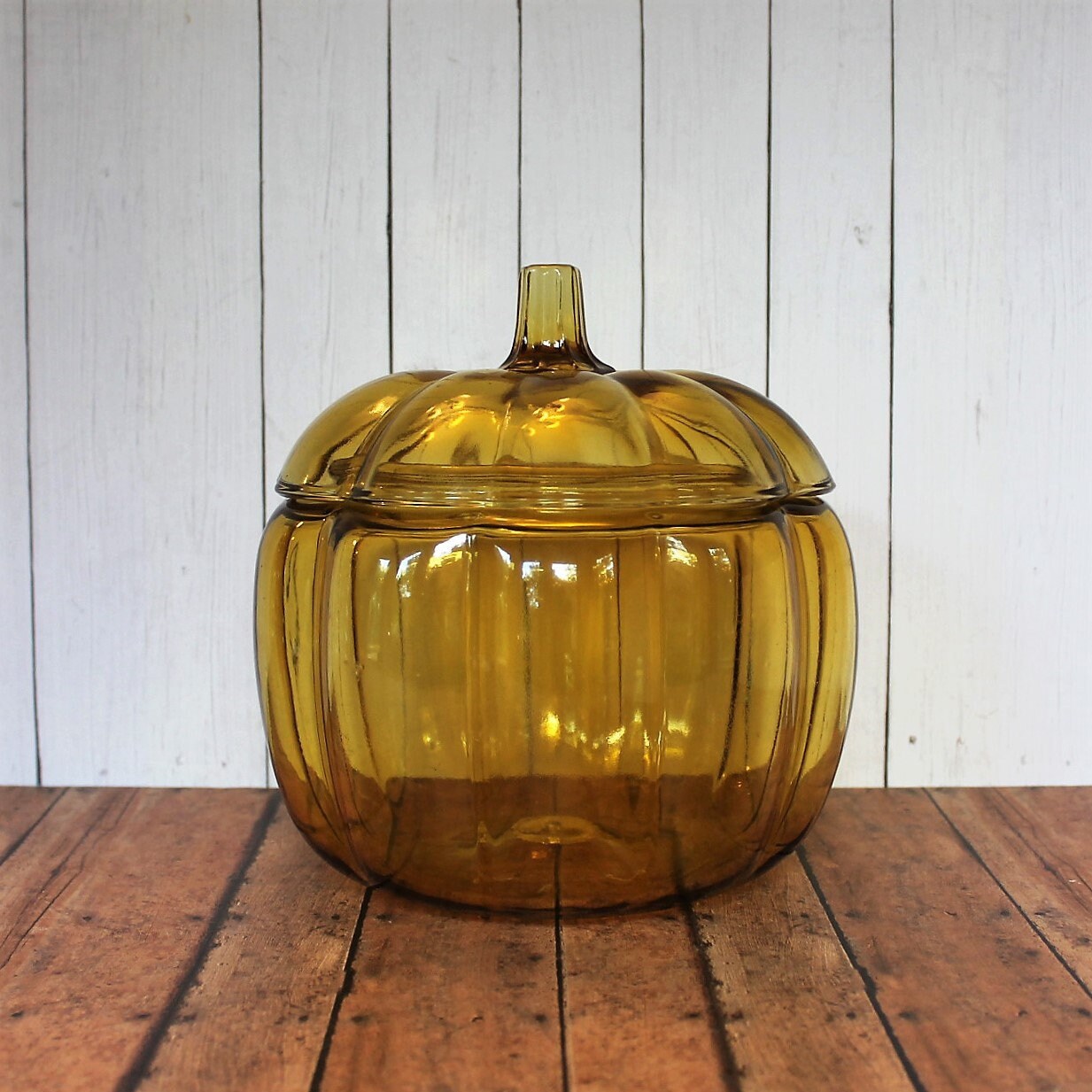 Vintage large glass pumpkin canister bowl candy dish with lid yellow