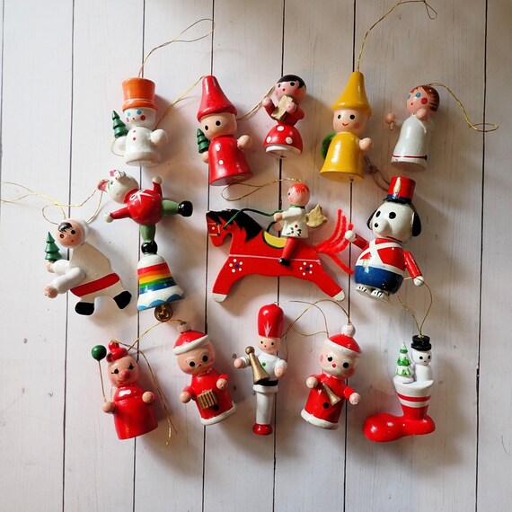 Vintage Wooden Christmas Ornaments Set of 14 Wood Ornaments Mix and Match Set