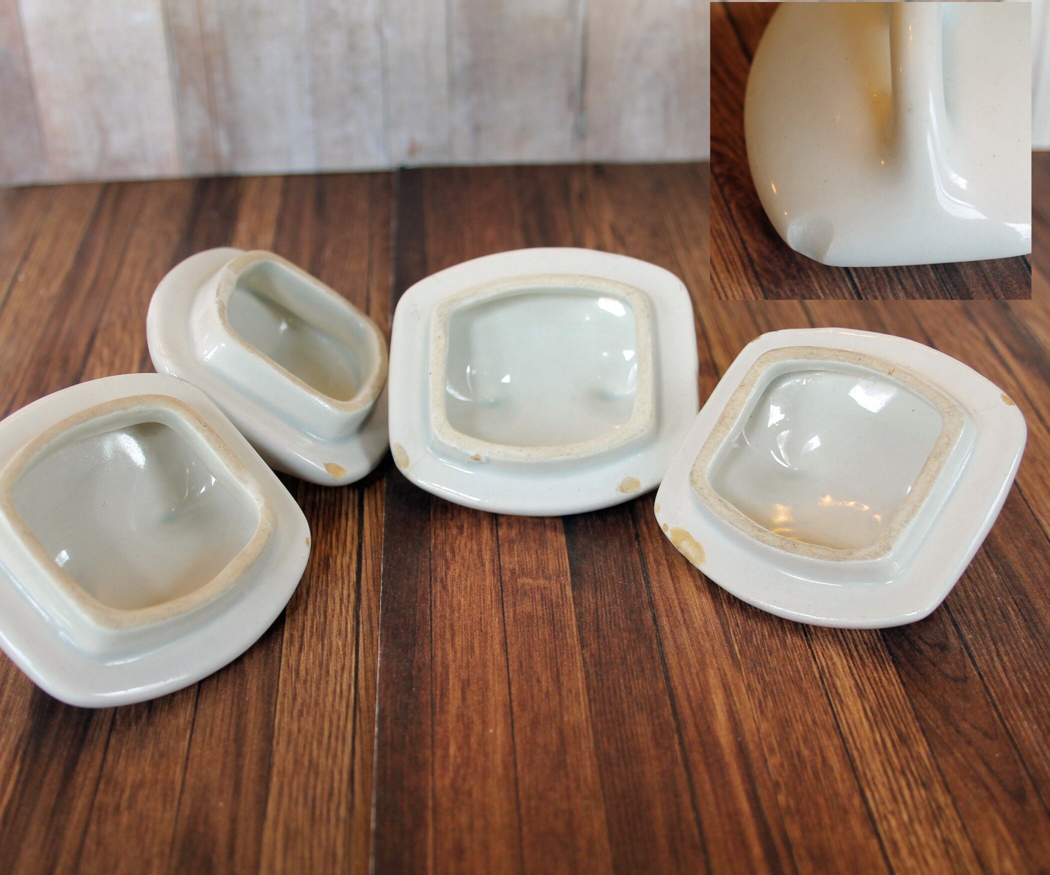 Antique Ceramic Spice Jars with Lids Set of 4 White Blue Nutmeg