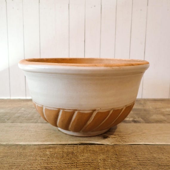 Vintage Rowe Pottery Works Stoneware Planter Flower Pot Tan White with Swirl Design White Glaze Rim