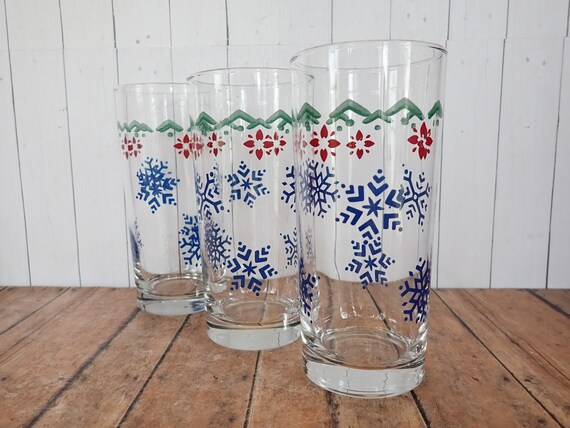 Vintage Pfaltzgraff NORDIC CHRISTMAS Glassware Cooler Set of 3 Tumblers Glasses 16 oz. Tumblers Snowflake Tree