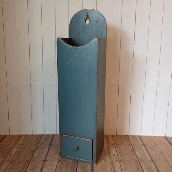 Vintage Blue Wood Wall Box Candle Box Wall Pipe Cabinet with Drawer David T Smith Morrow Ohio Primitive Farmhouse