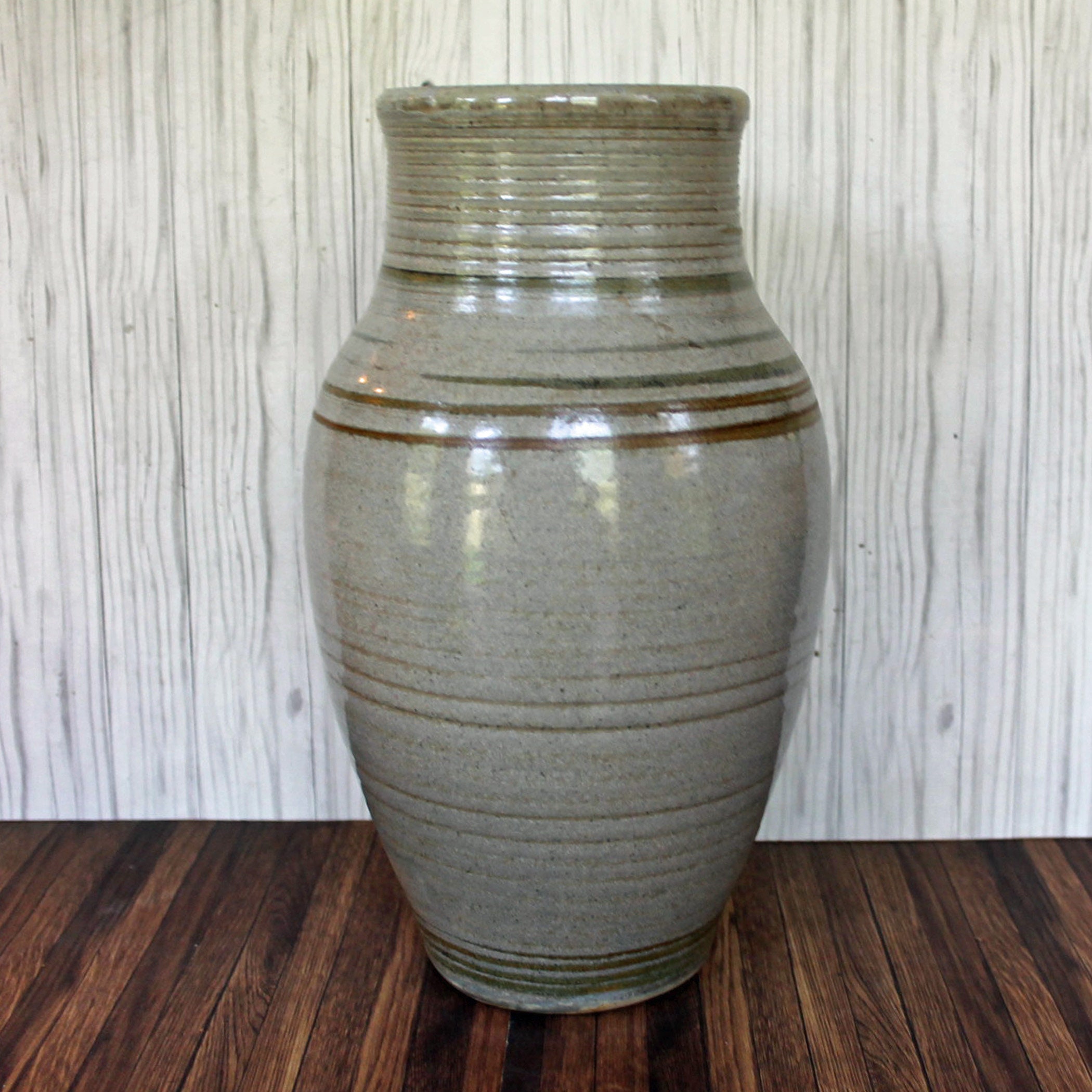 Vintage Ceramic Stoneware Vase Gray with Brown Wheat Stalk Design