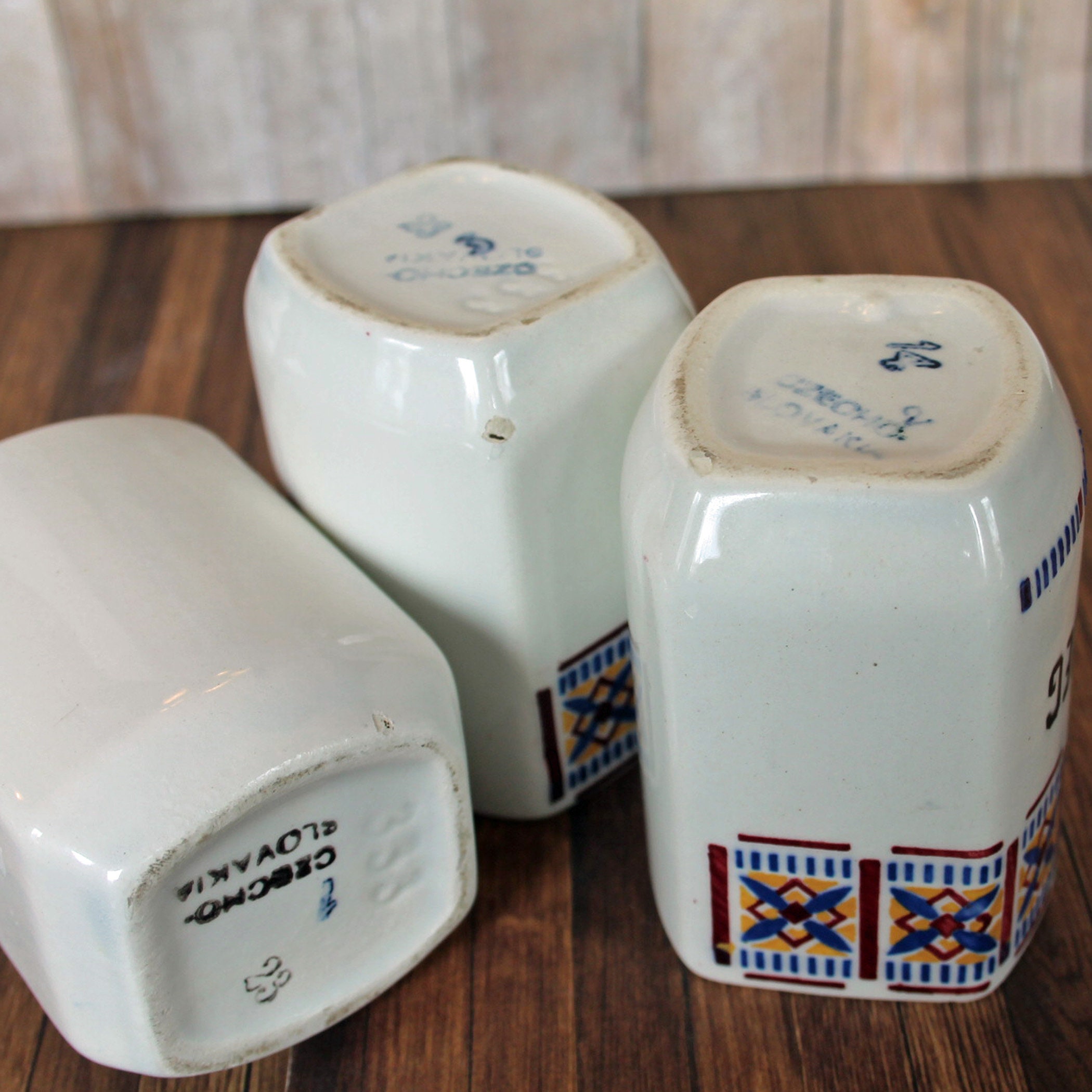 Antique Ceramic Spice Jars with Lids Set of 4 White Blue Nutmeg