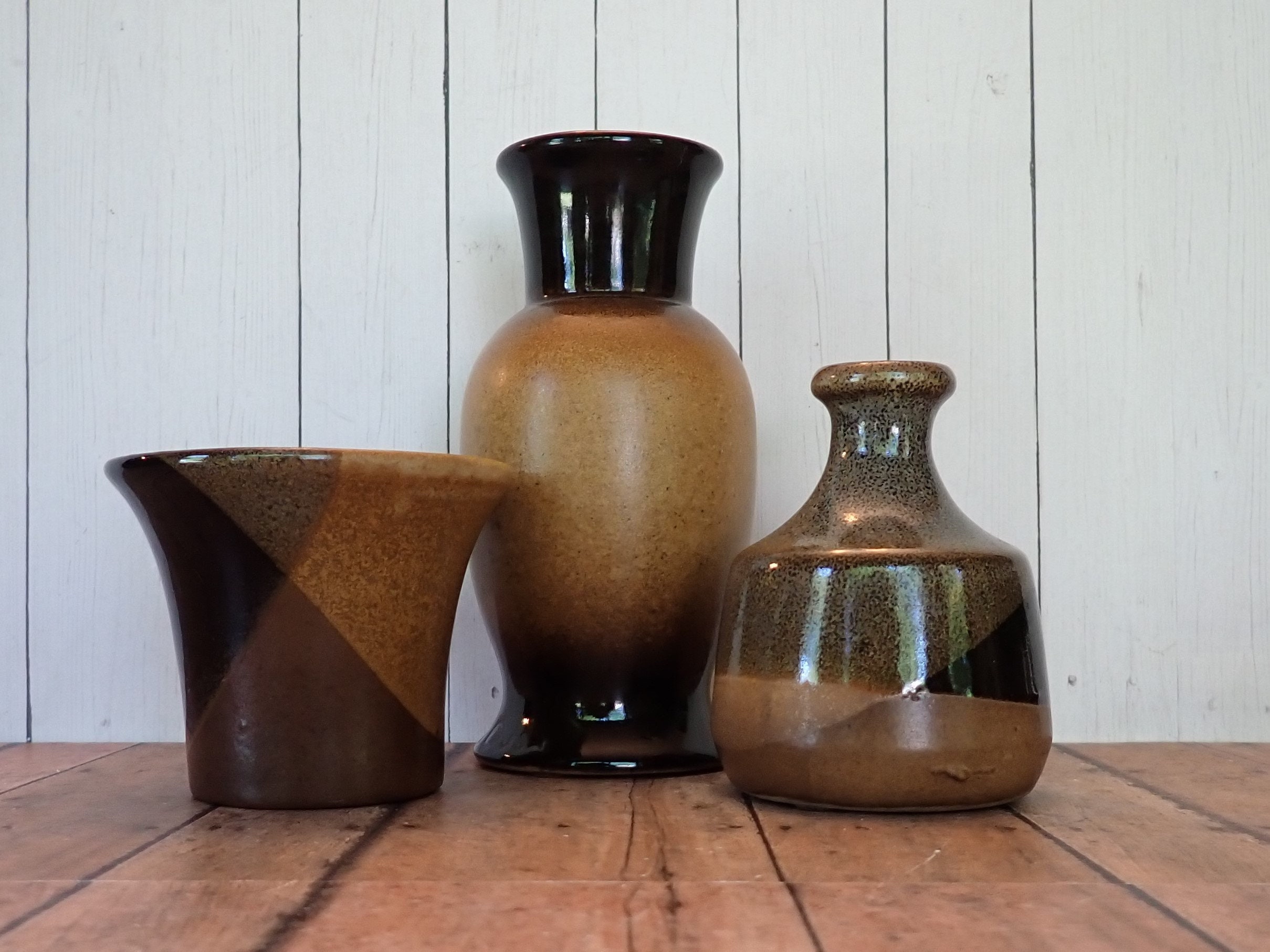 Vintage Pottery Craft USA Stoneware Vase Set of 3 Brown Gold Gray Black
