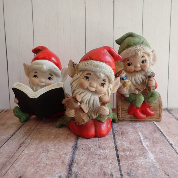 Vintage Homeco Ceramic Christmas Elf Gnome Figurine Set of 3 Figurines