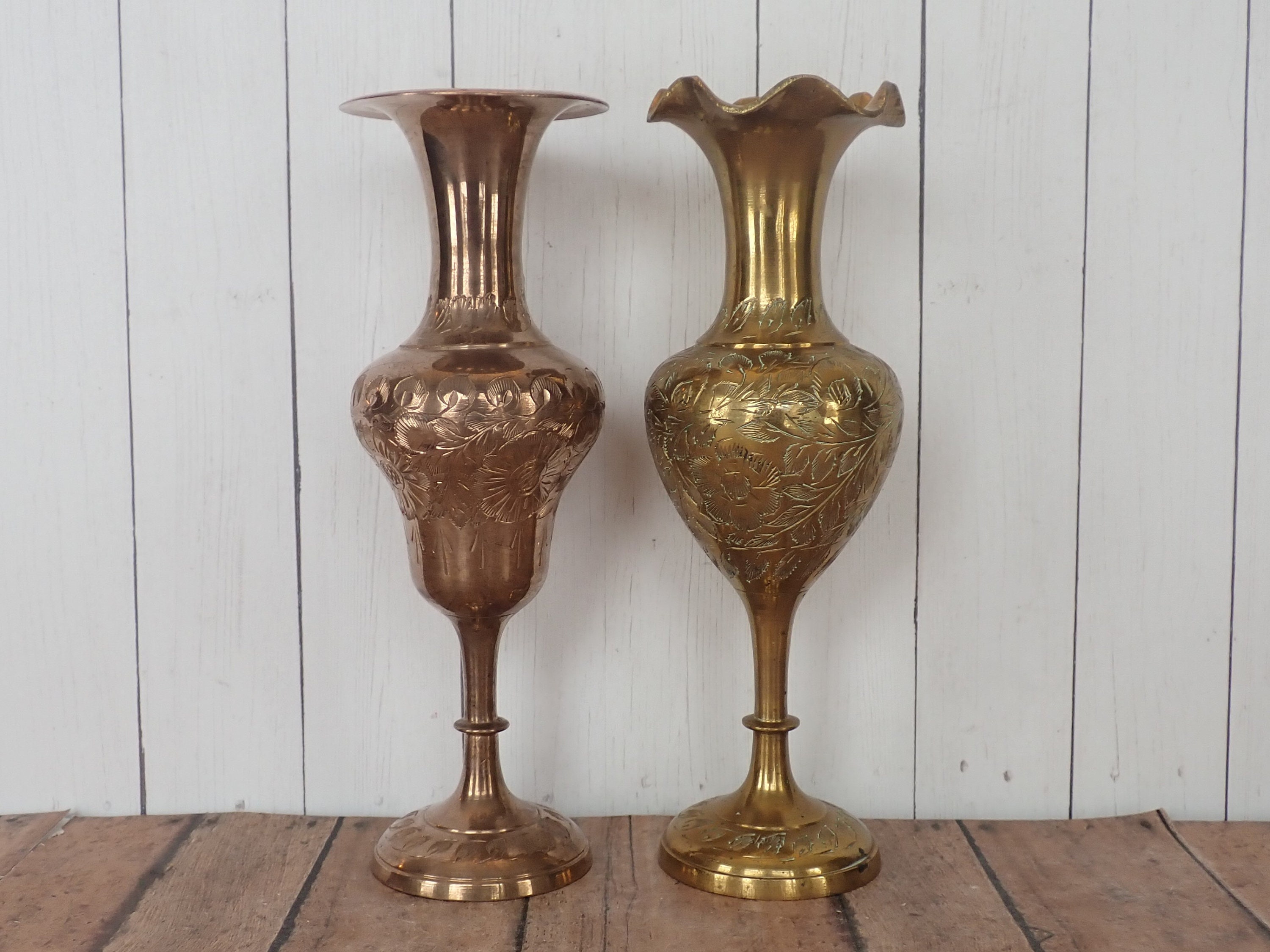 Vintage Brass Vase Set of 2 8 Brass Vases with Etched Floral Flower and
