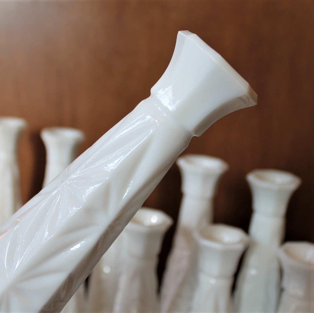 Vintage Set of 12 White Milk Glass Vases Same Star Pattern 9 Tall Vases