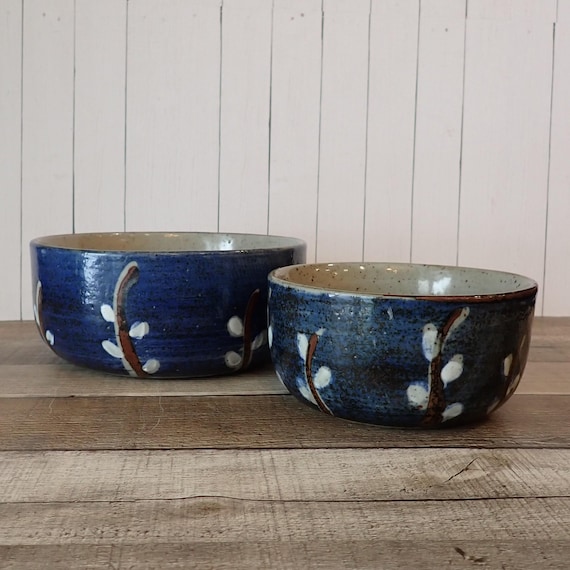 Vintage Otagiri Pussywillow Vegetable Bowl and All Purpose Bowl Set of 2 Bowls Blue Stoneware Brown Branch Willow