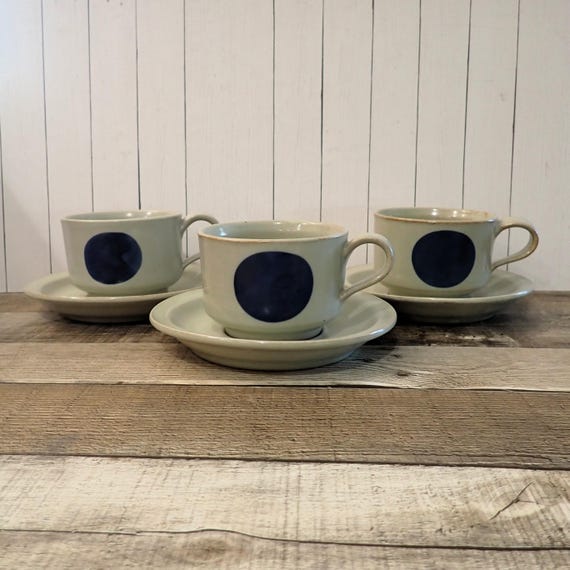 Vintage Iron Mountain Stoneware LOOKOUT MOUNTAIN Cup and Saucer Set of 3 Gray Blue Modern Pottery Nancy Lamb Patterson
