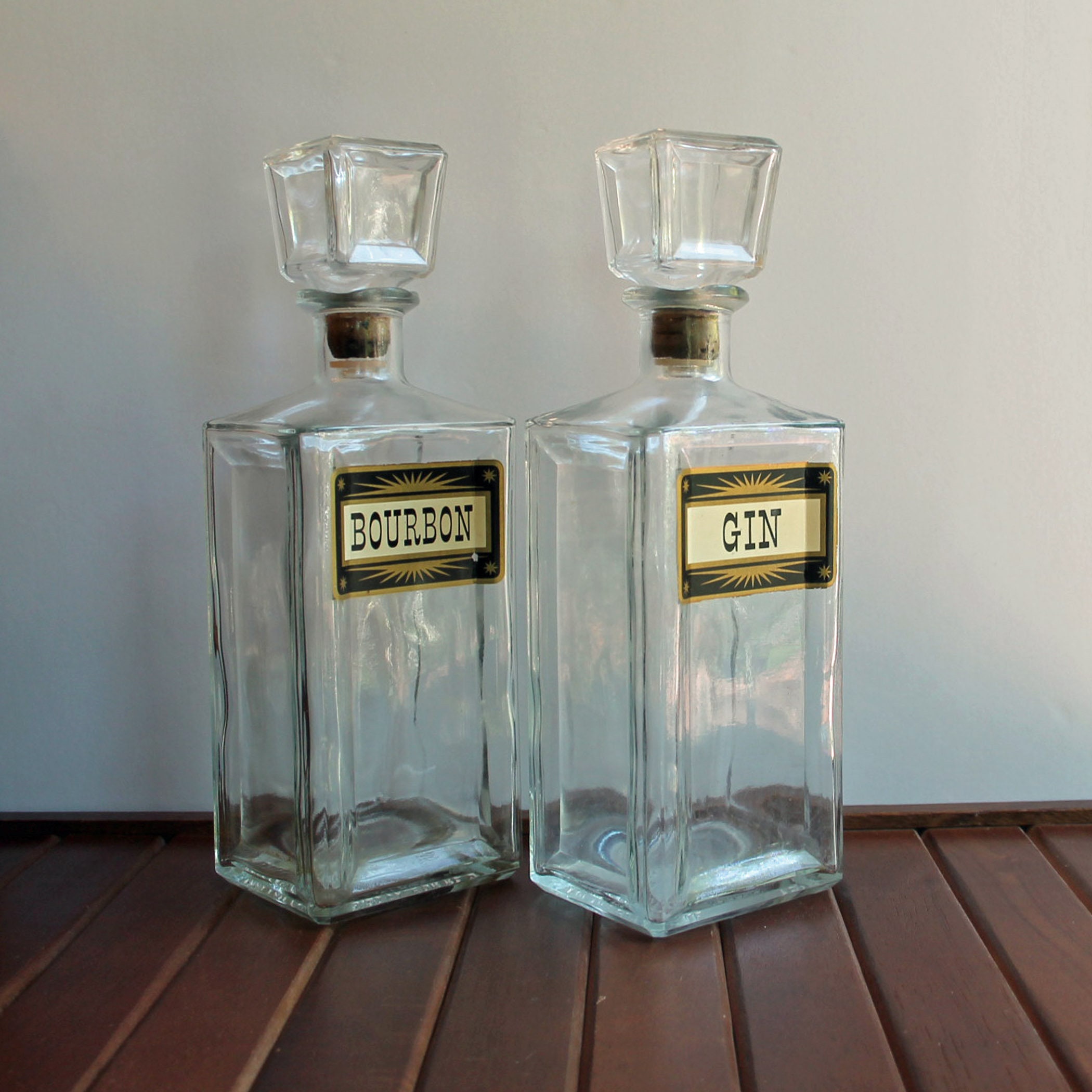 Vintage Seagrams Decanter Set of 2 Clear Glass Bottles Gin & Bourbon