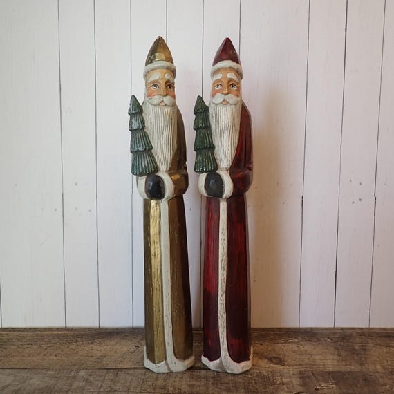 Vintage Plastic Tall Santa Figurine Set of 2 Traditional Old World Santa Claus